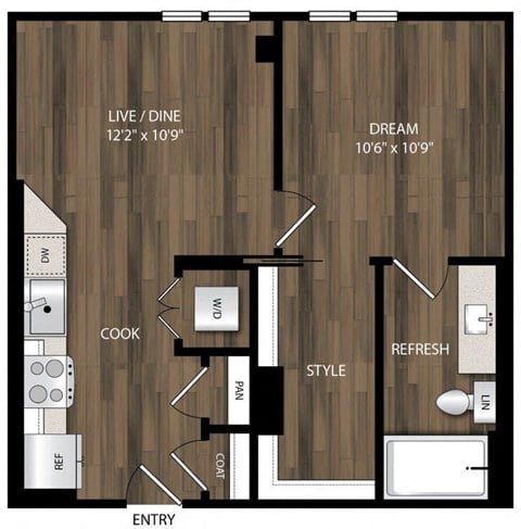 Floor plan for 1 bed, 1 bath, 558 sqft